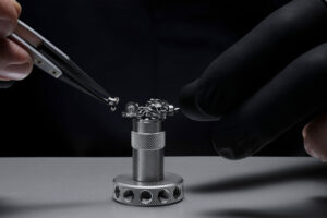 Nahaufnahme eines Teils des Uhrwerks der Händer montieren das Uhrwerk der Super Freak von Ulysse Nardin