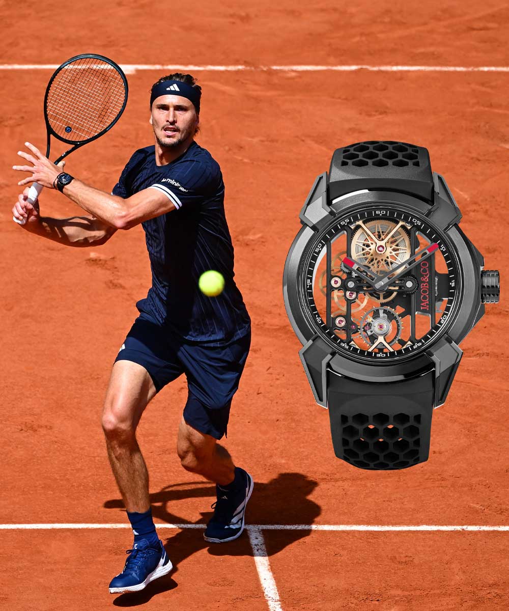 Alexander Zverev on the tennis court, wearing a Jacob & Co watch on his wrist