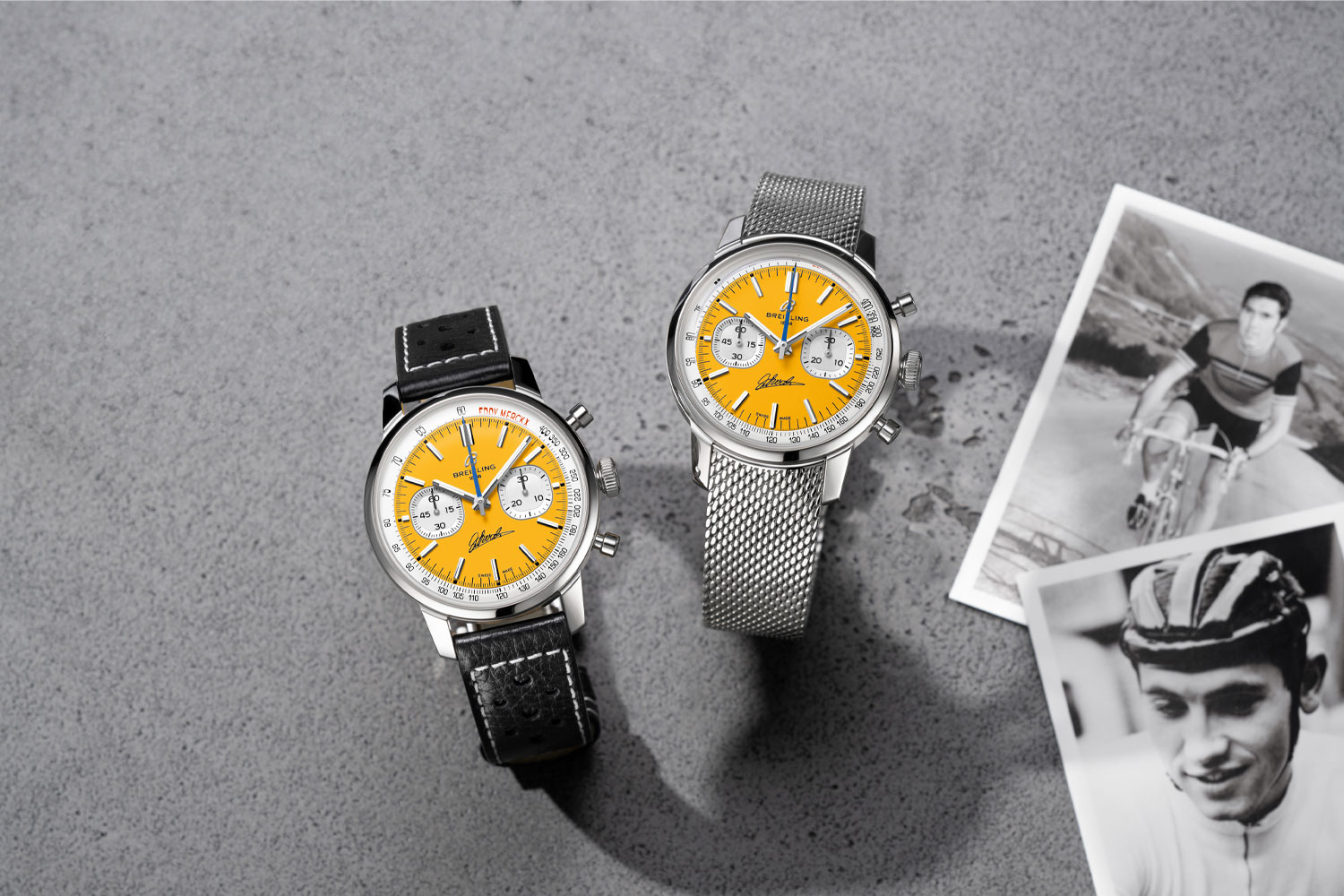 2 Breitling Top Time B01 Eddy Merckx models, with a stainless steel bracelet and a leather strap