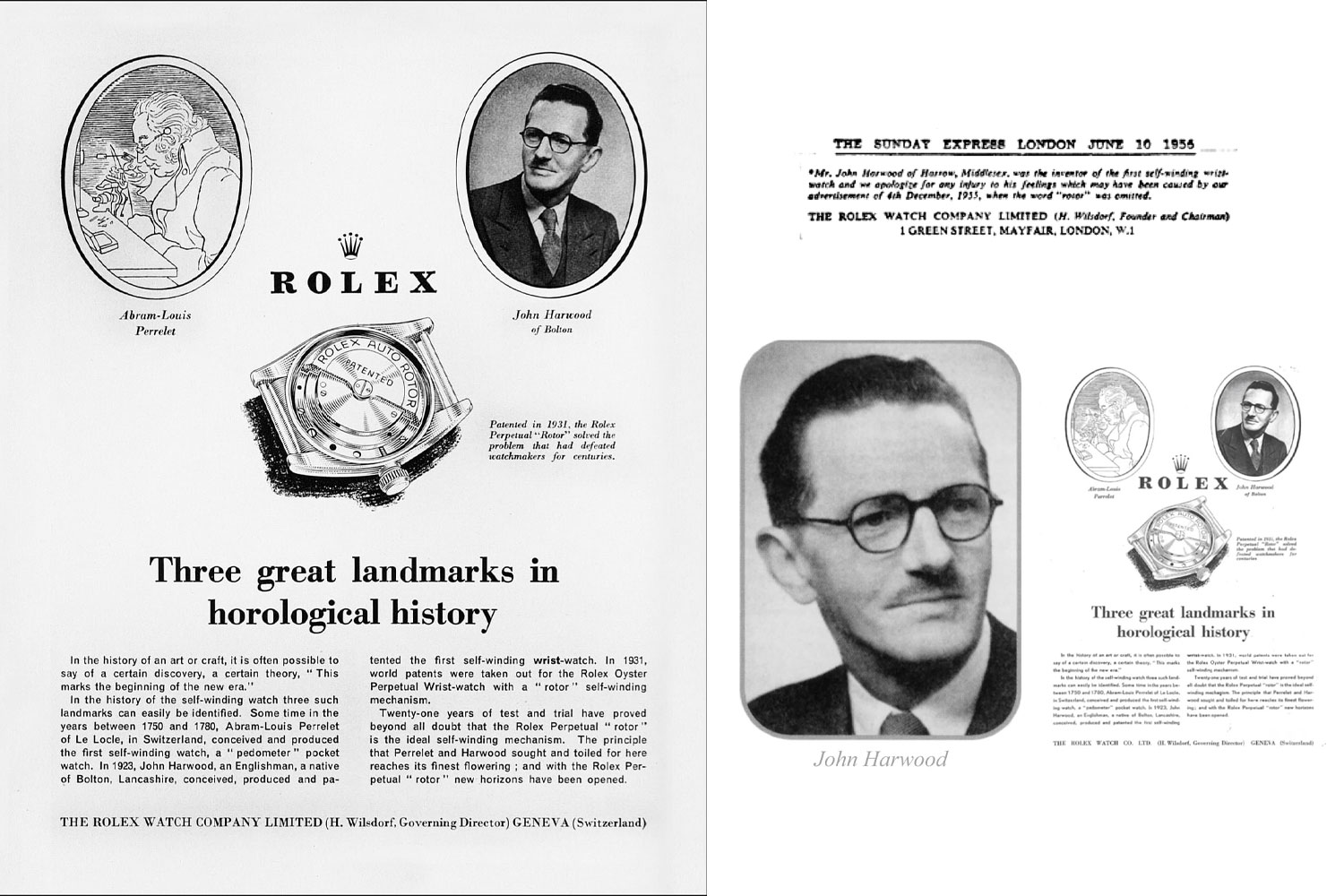 Zeitungsartikel, in denen sich Rolex bei John Harwood entschuldigt
