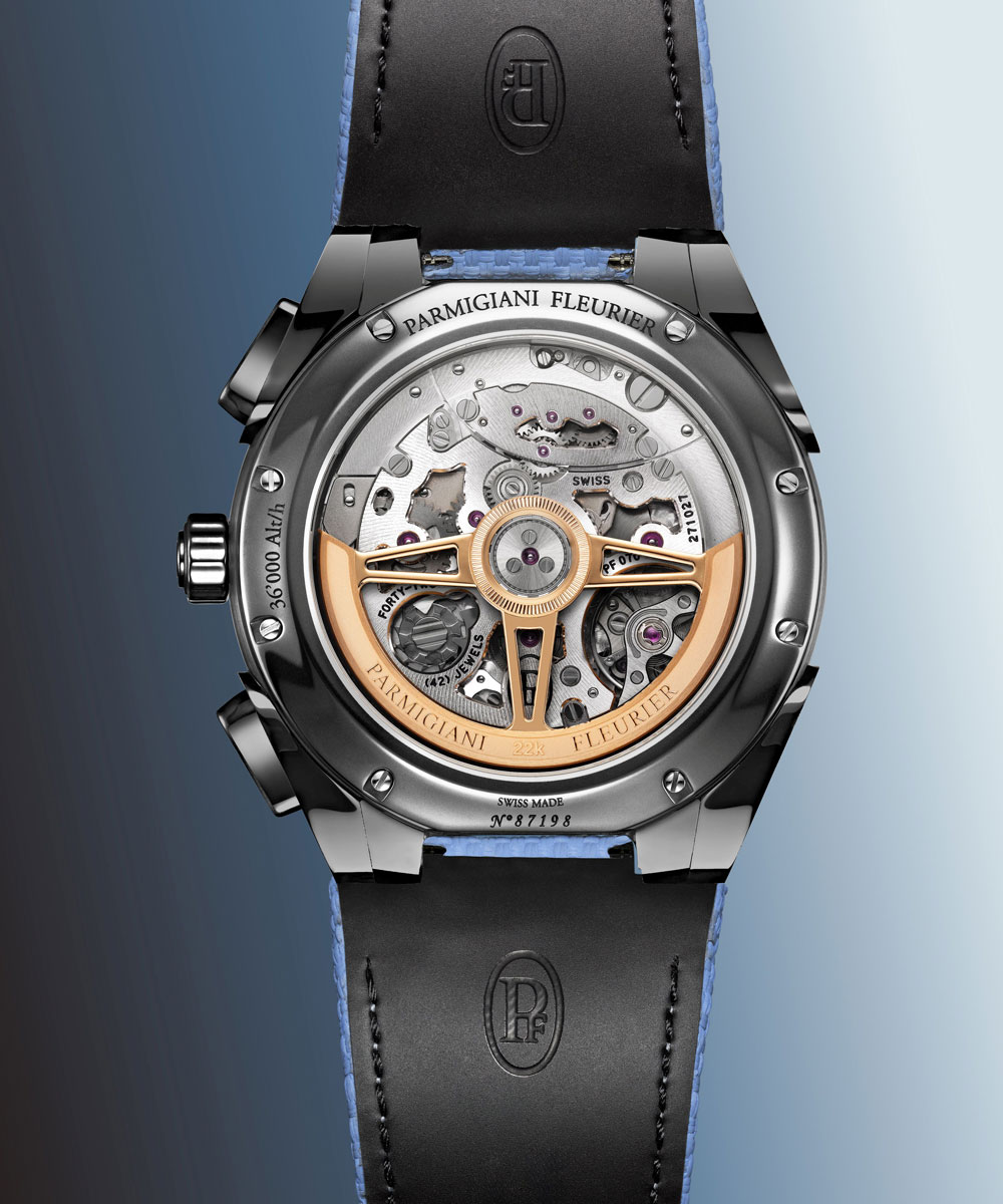 Block durch den Saphirglasboden der Tonda PF Sport Chronograph Ultra-Cermet Mineral Blue auf das Manufakturkaliber PF070