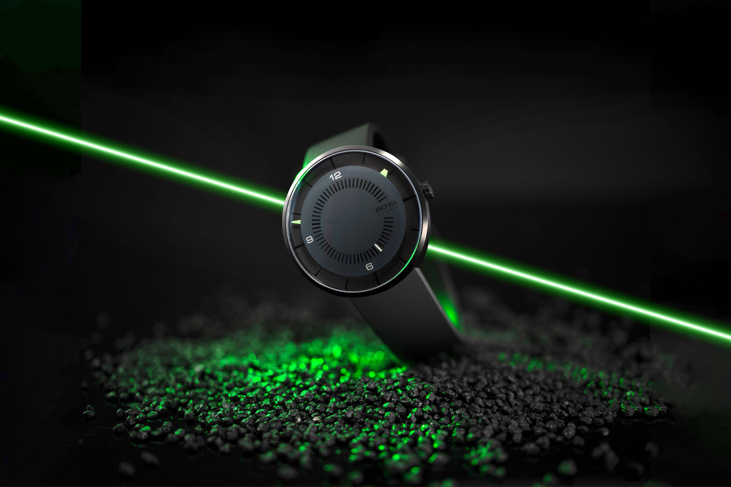 Clavius von Botta Design mit einem grünen Lichtstrahl im Hintergrund
