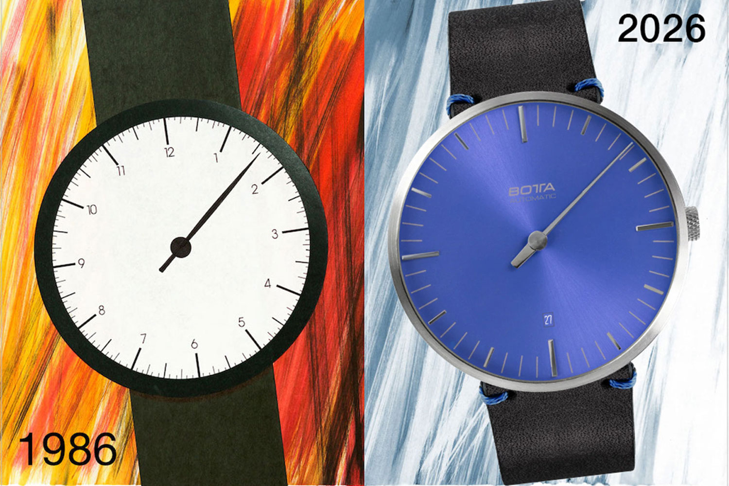 UNO von 1983 neben dem Modell UNO Edition 40 mit blauem Zifferblatt von 2026 von Botta Design