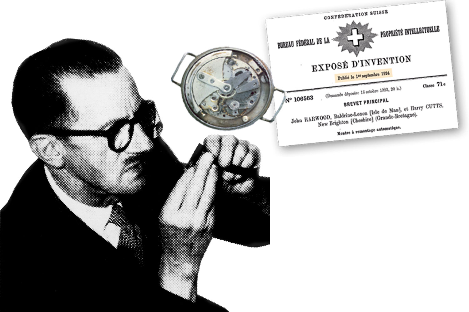 John Harwood und eine Abbildung des Patents und seines Automatikwerks