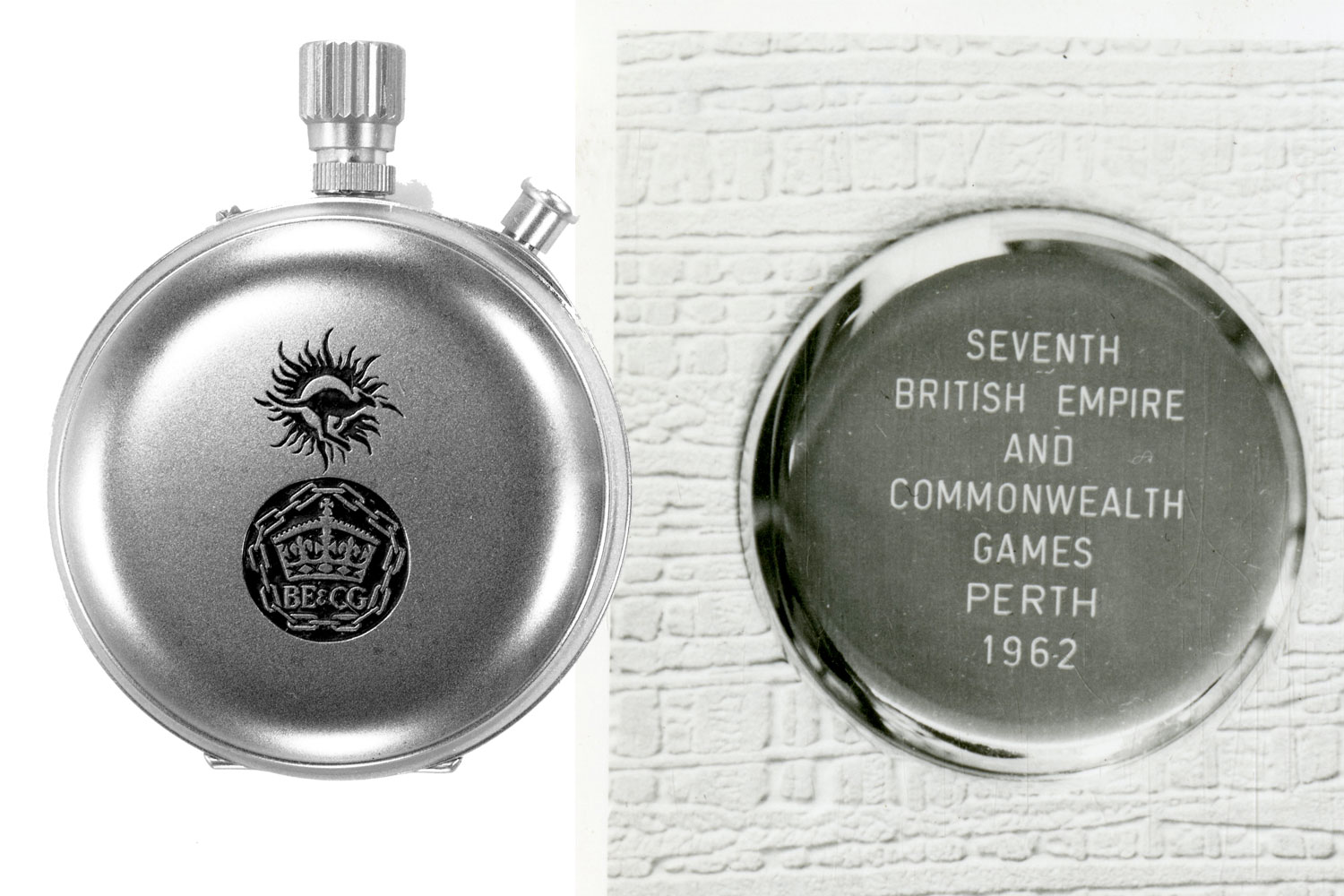 Historische Taschenuhr von Longines von vorne und hinten mit einer Gravur, die auf die Commenwealth Games 1962 in Perth verweist