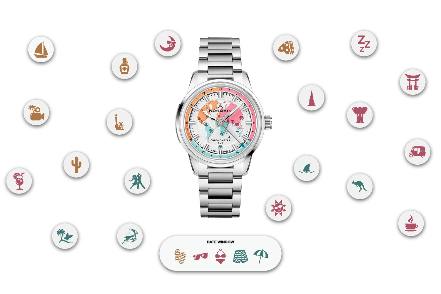 Freedom GMT Enjoy Life Holiday Limited Edition von Norqain, umgeben von Holiday-Motiven