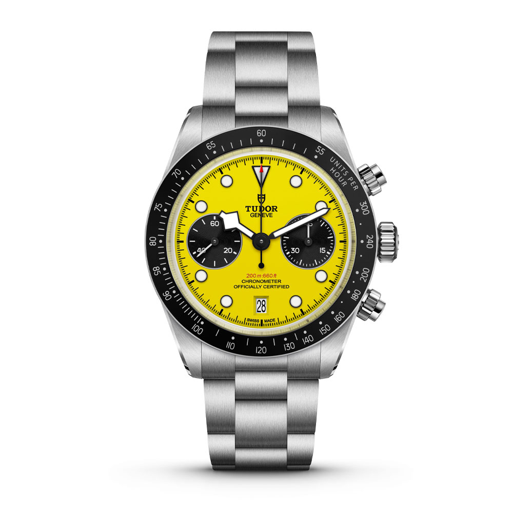 Tudor Black Bay Chrono39 with a yellow dial, close-up of the dial