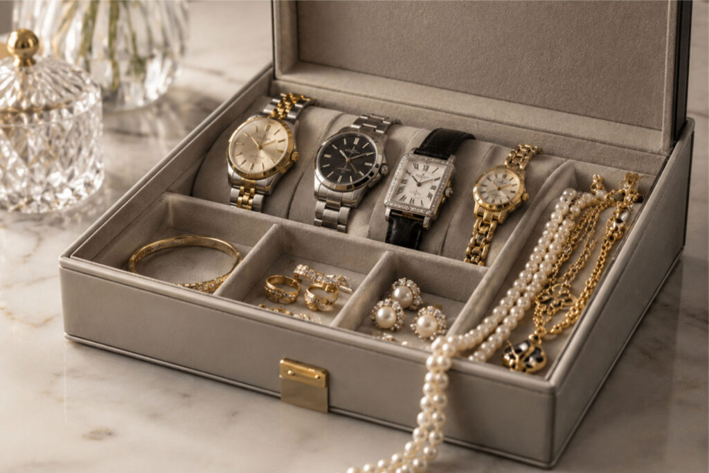 Pre-owned watches and jewelry in a box