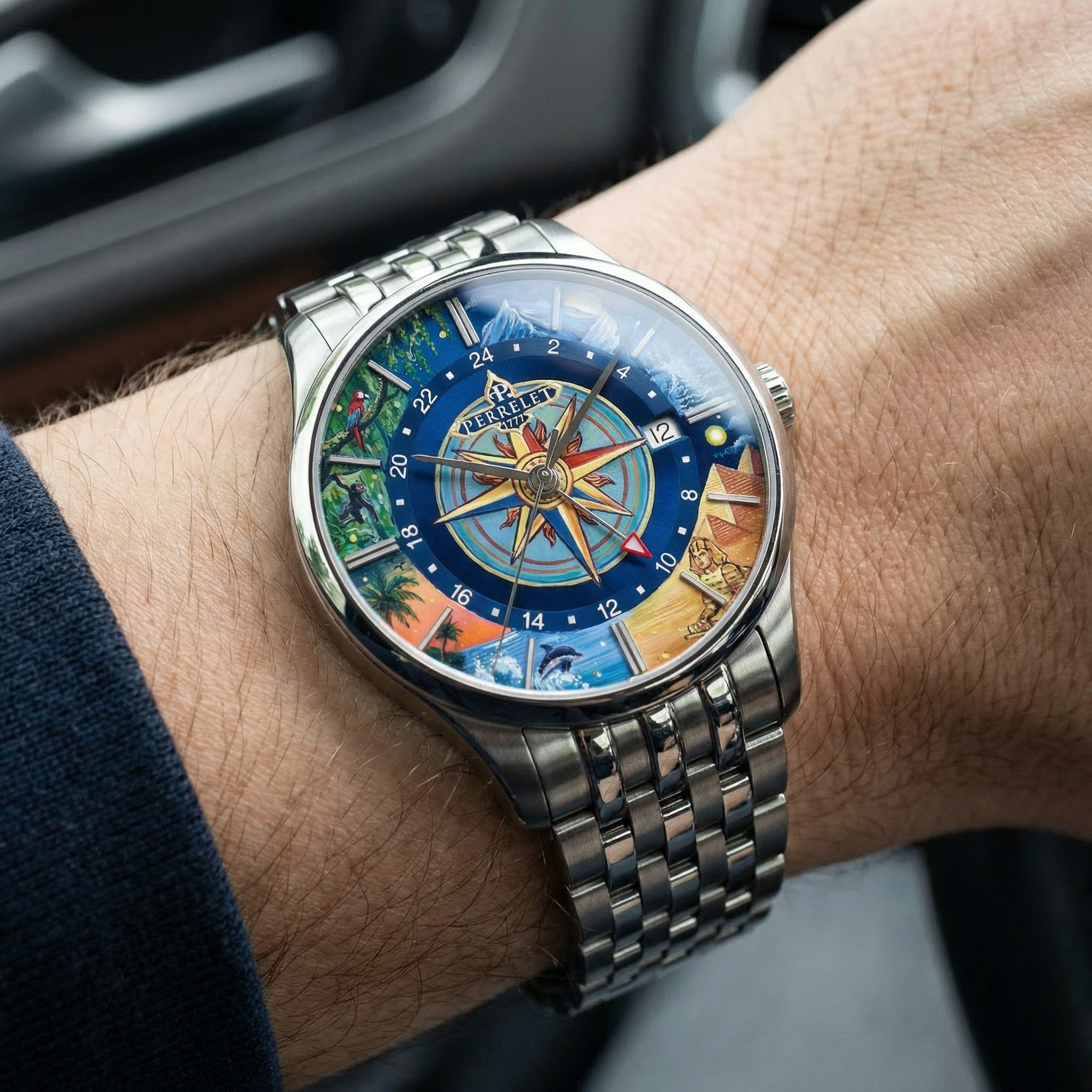 A close-up of the hand-painted dial by IFL Watches on the Perrelet Weekend GMT Atlas.