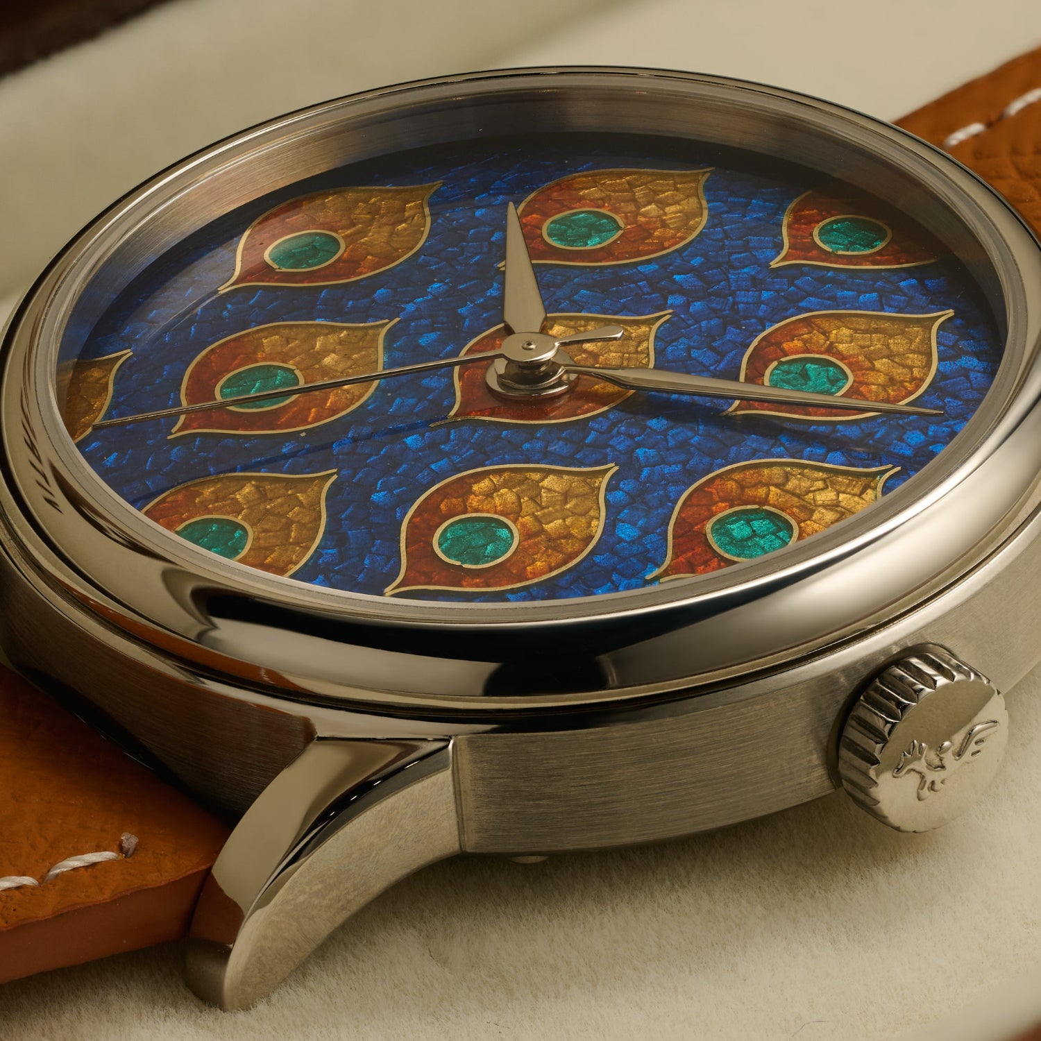 Close-up of the handcrafted cloisonné Grand Feu enamel dial of the Vitreum Peacock Edition.