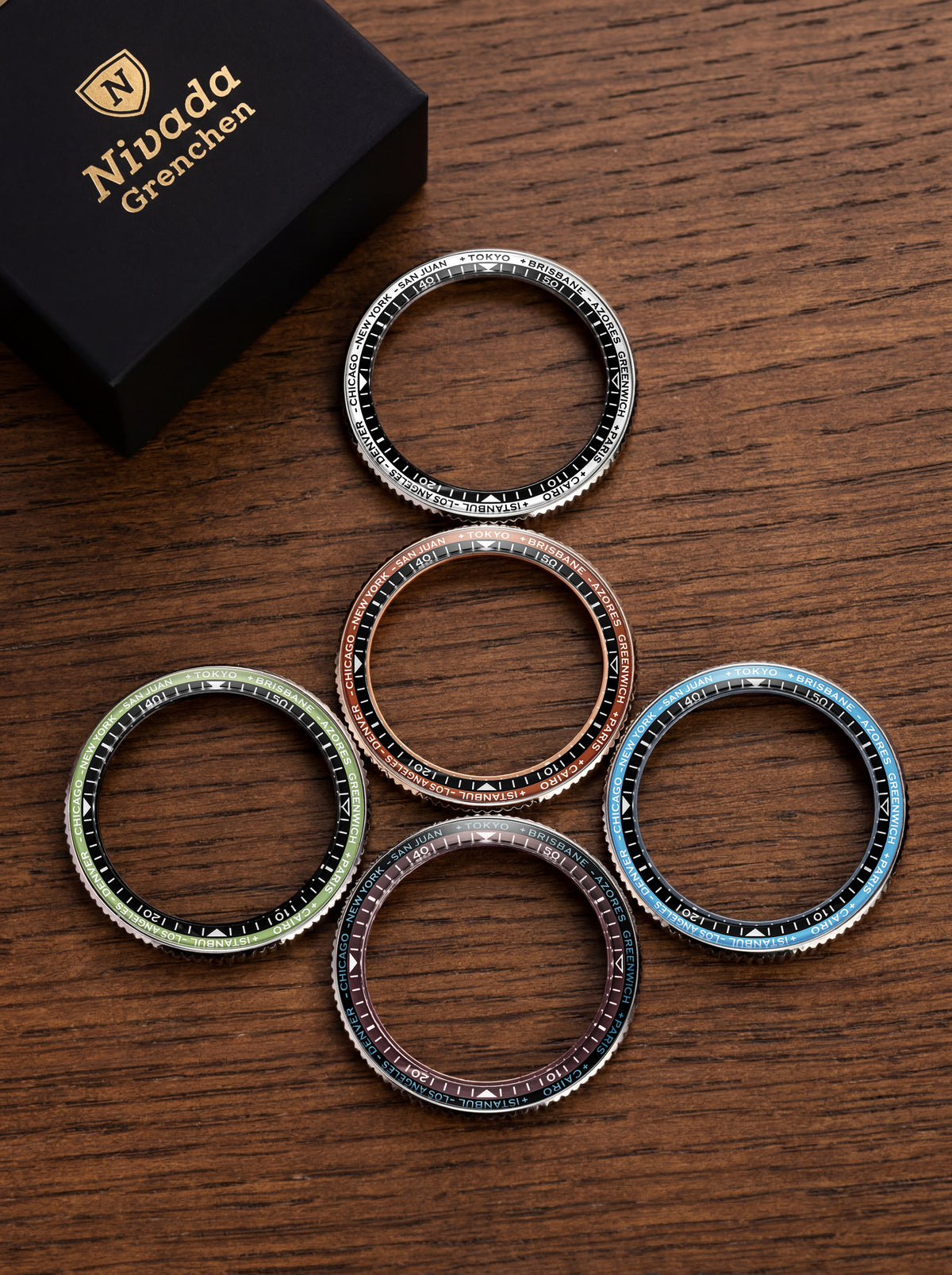 Five interchangeable bezels for the Nivada Chronoking Summer Racing