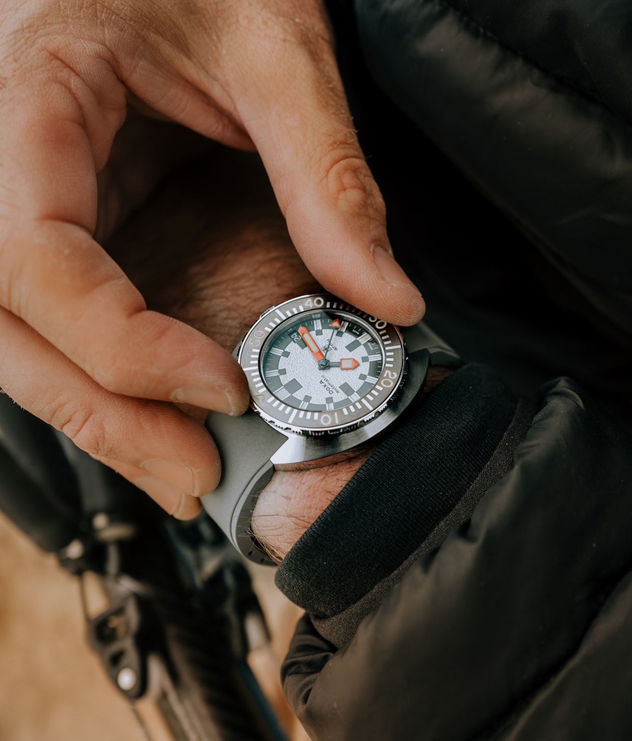 DOXA SUB Army 200T for Hodinkee with a taupe-colored rubber strap