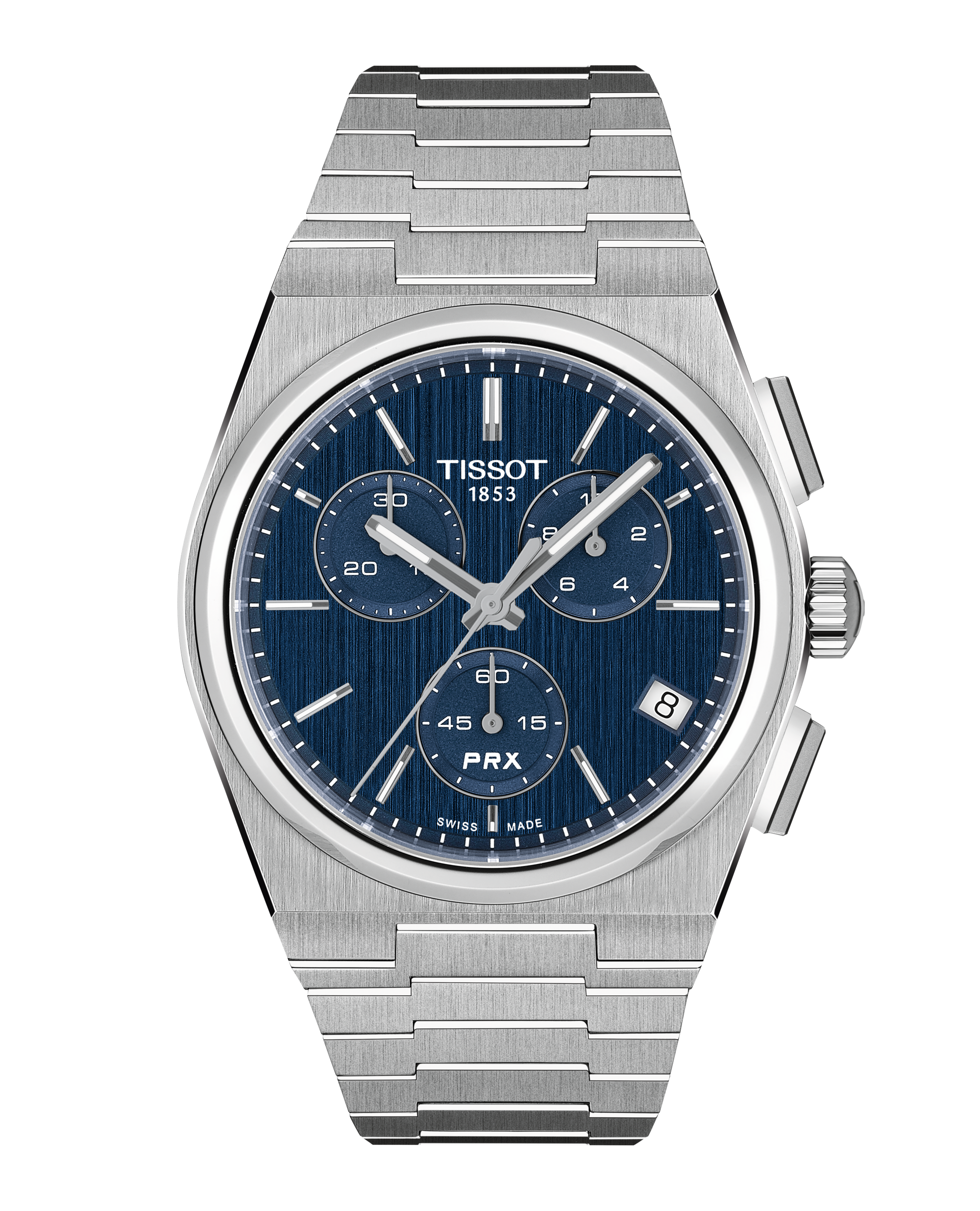 Frontansicht der blauen Tissot PRX Quartz Chronograph