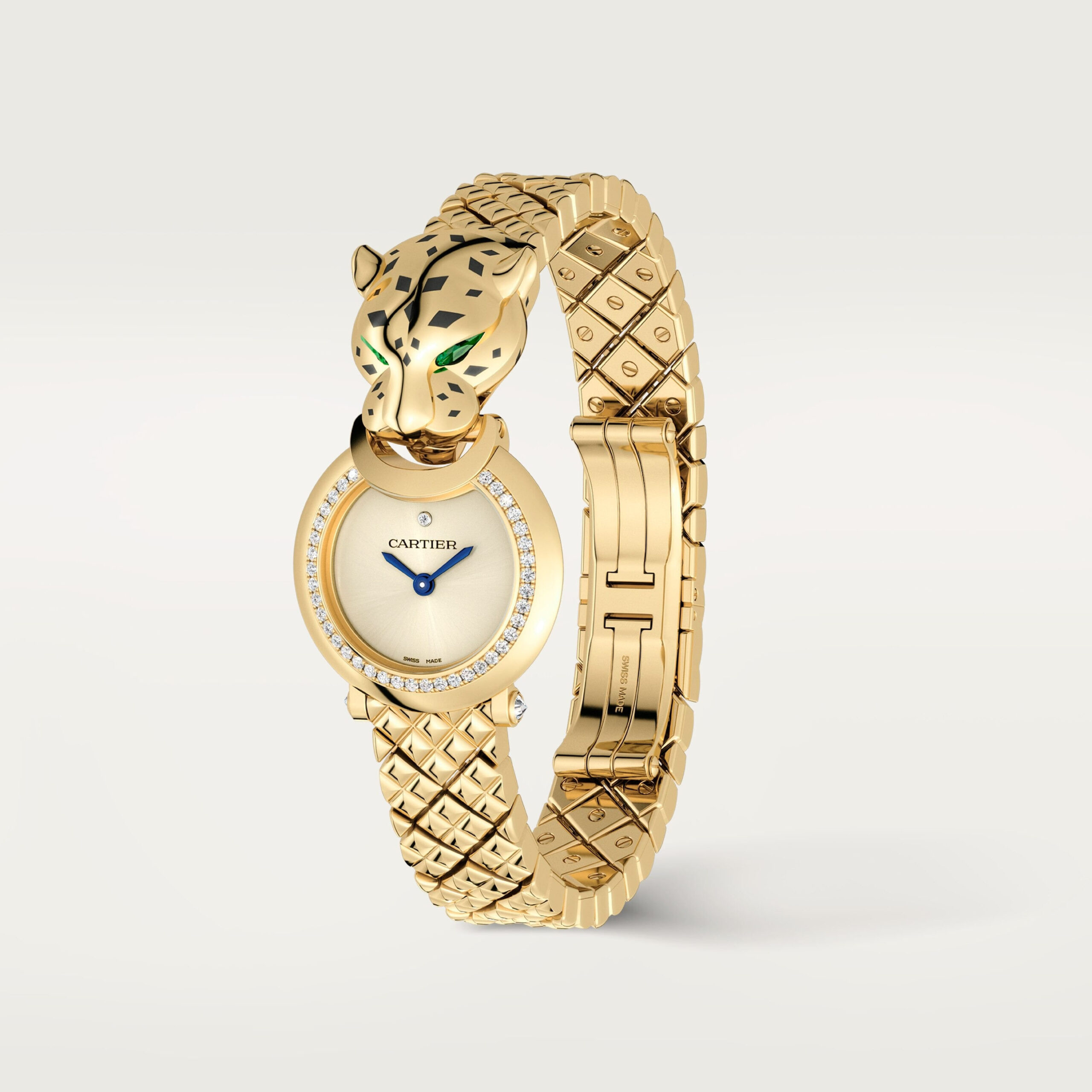 La Panthère de Cartier jewelry watch in yellow gold with diamonds and a panther head