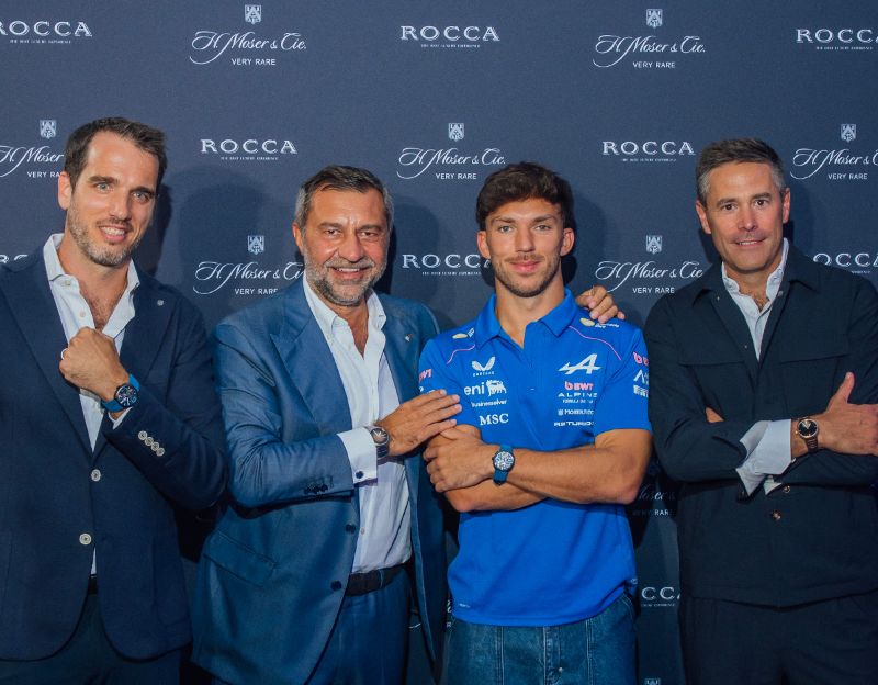 Pierre Gasly, Giorgio Damiani und Bertrand Meylan bei der Eröffnung der H. Moser Boutique in Mailand