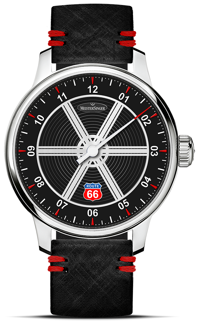 MeisterSinger Edition Route 66 mit schwarzem Zifferblatt und roter Naht