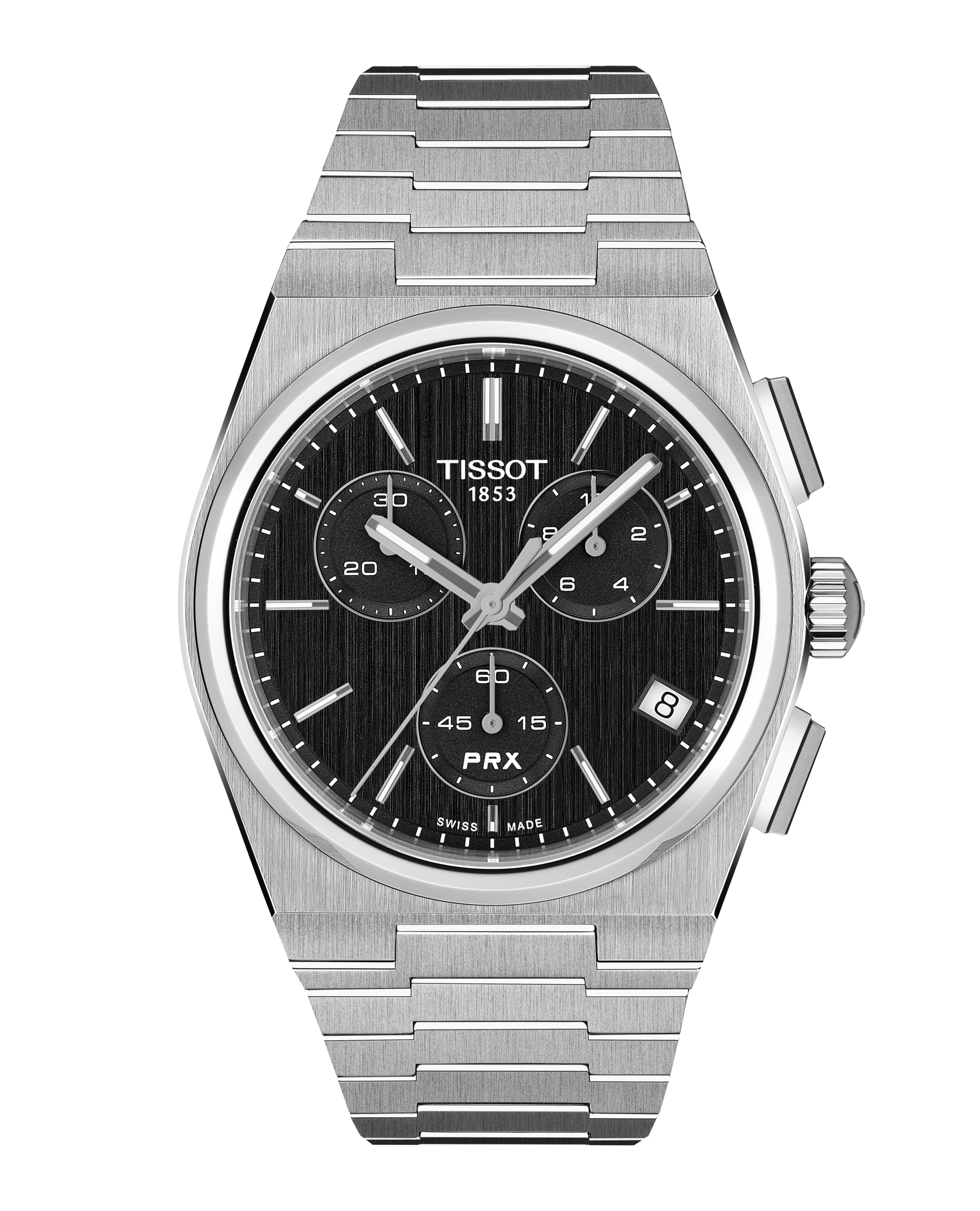 Frontansicht der schwarzen Tissot PRX Quartz Chronograph