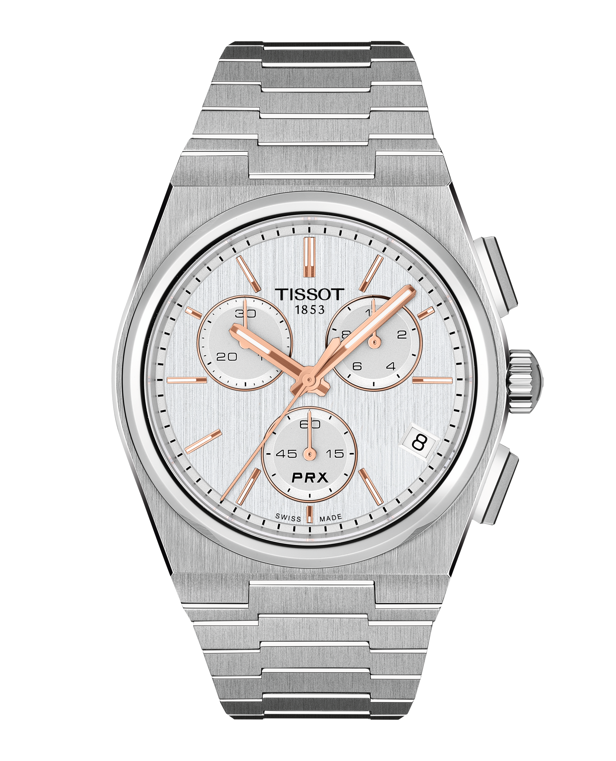 Tissot PRX Quartz Chronograph mit silbernem Zifferblatt und roségoldfarbenen Akzenten