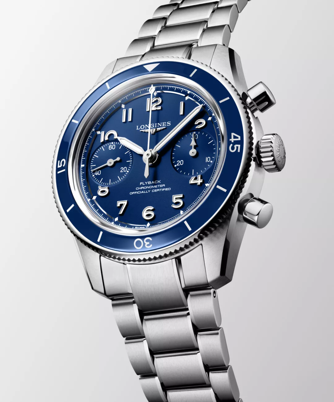 Longines Spirit Pilot Flyback with a blue dial and steel bracelet