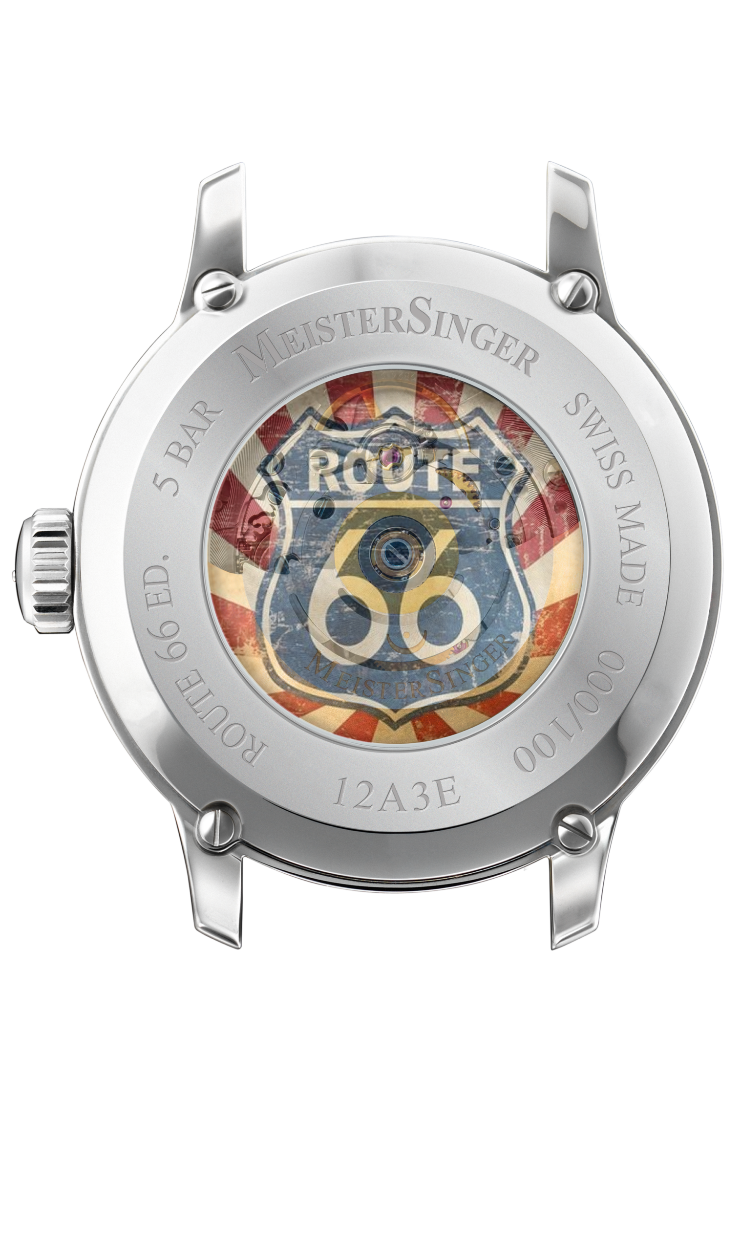 Gehäuseboden der MeisterSinger Edition Route 66 mit Route-66-Motiv