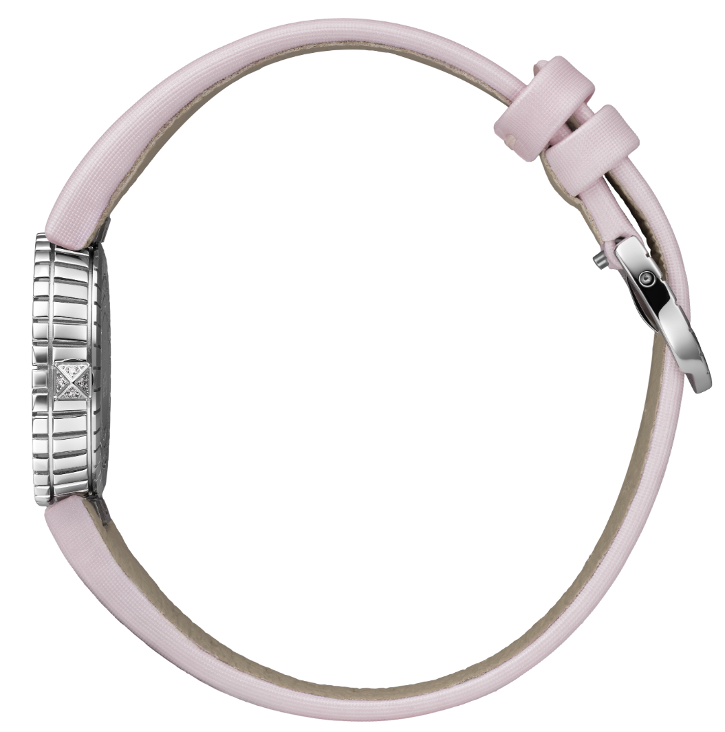 Seitliche Ansicht einer MARLI-Uhr mit rosa Satinband