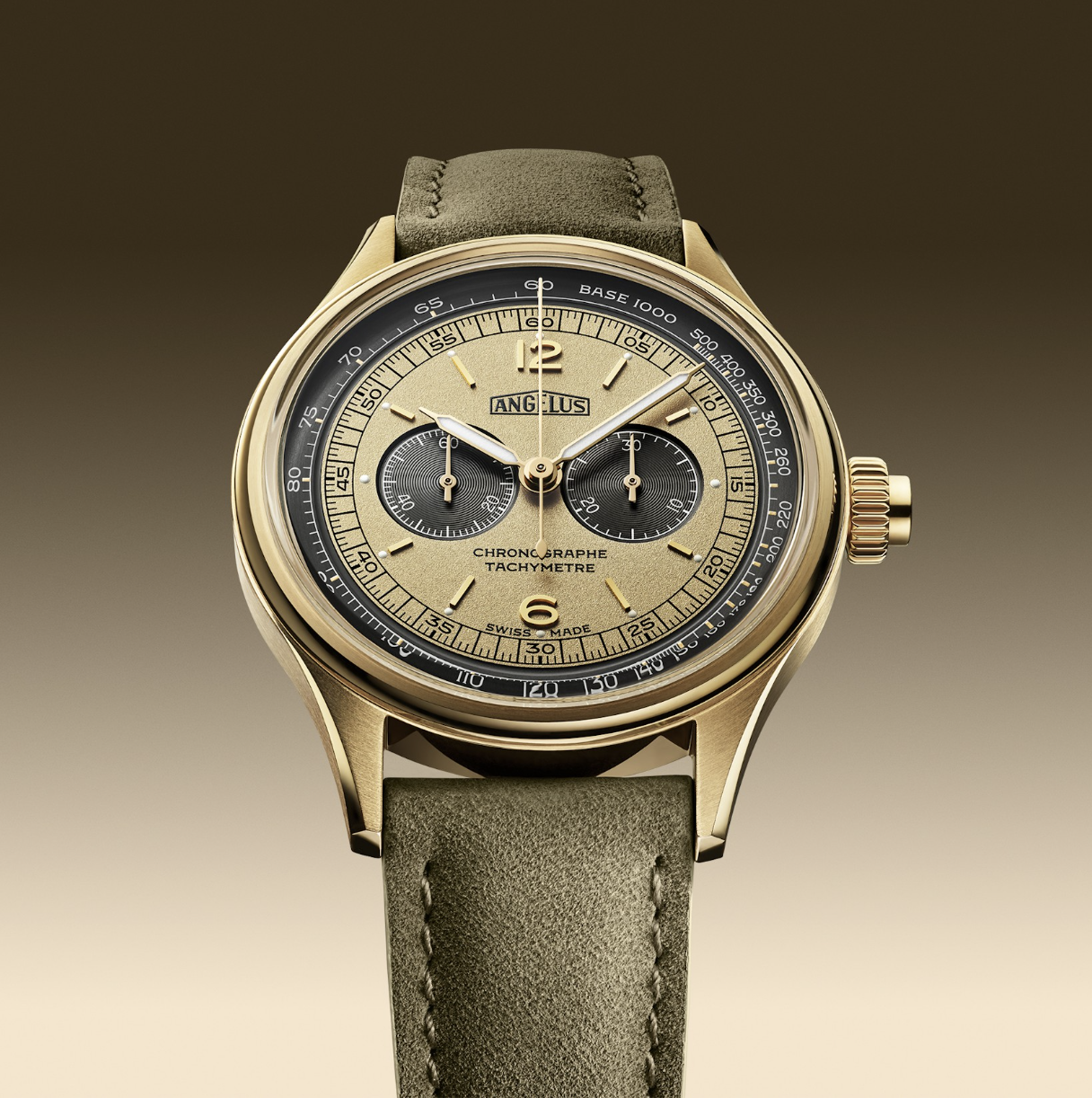 Drei Varianten des Angelus Chronographe Tachymètre
