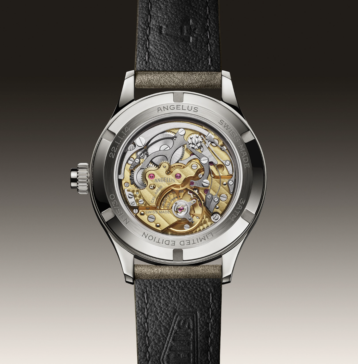 Angelus Chronographe Tachymètre in Edelstahl mit petrolblauen Akzenten