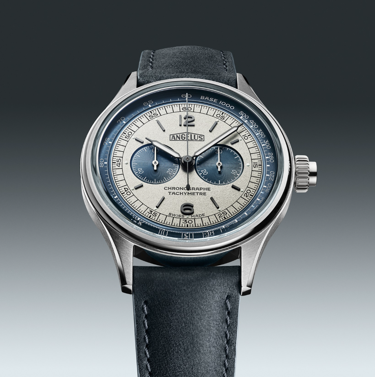 Angelus Chronographe Tachymètre in Edelstahl mit korallenrosa Zifferblatt