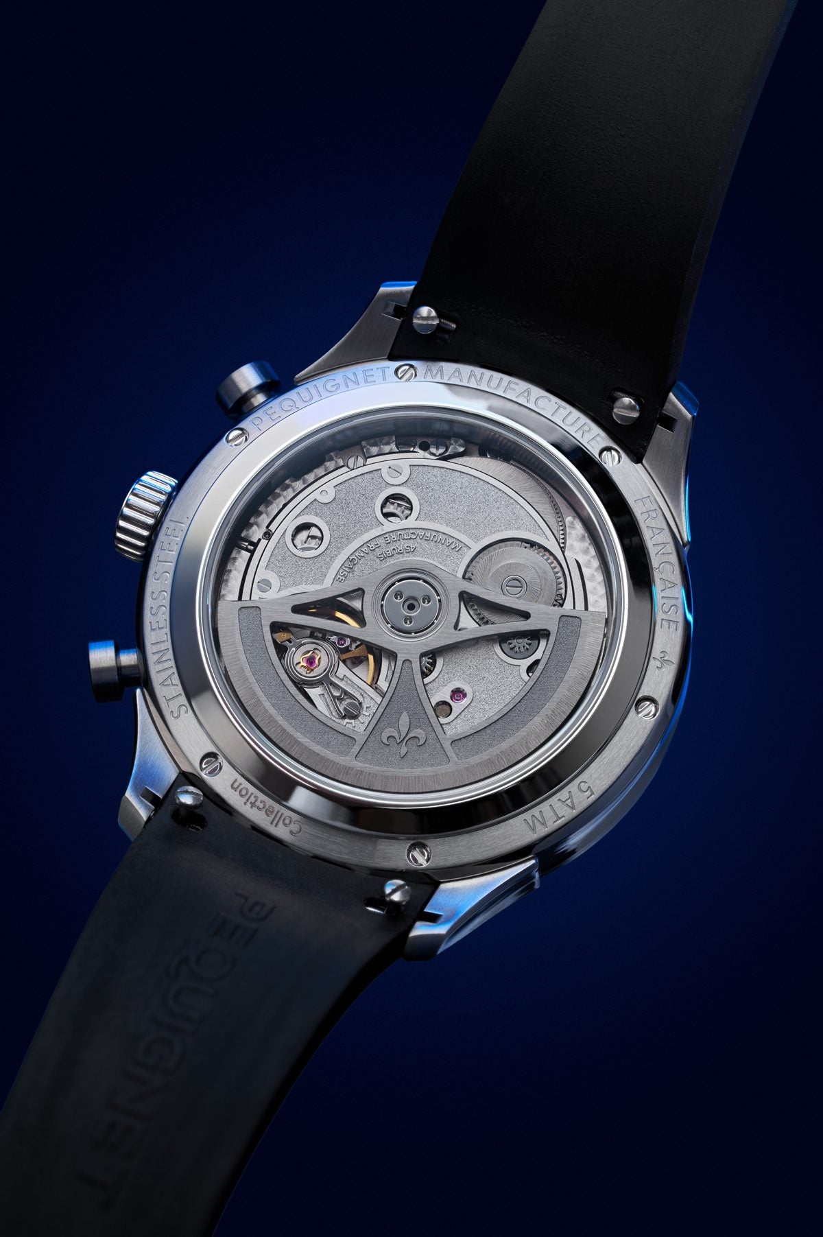 Caliber Initial Chronograph, visible through the sapphire crystal case back